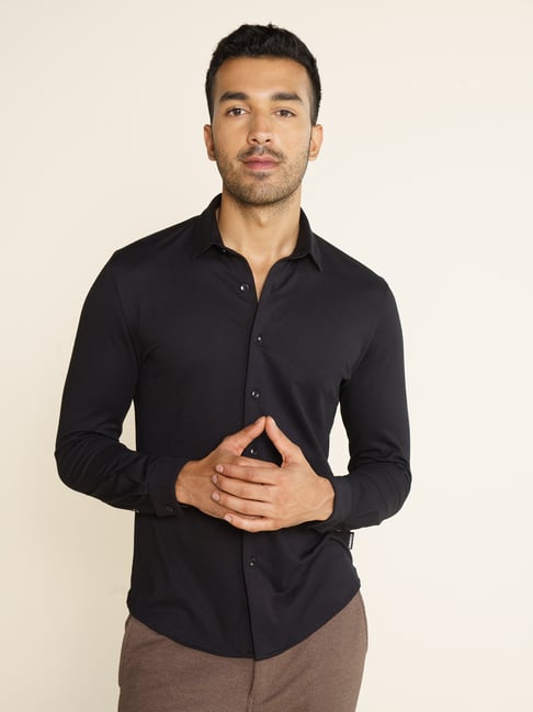 Damensch Cotton Jet Black Regular Fit Solid Casual Shirt