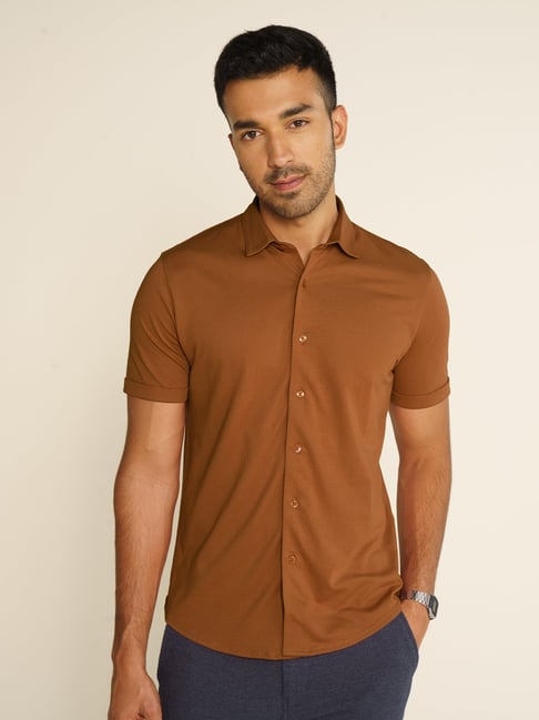 Damensch Cotton Caramel Brown Regular Fit Solid Shirt