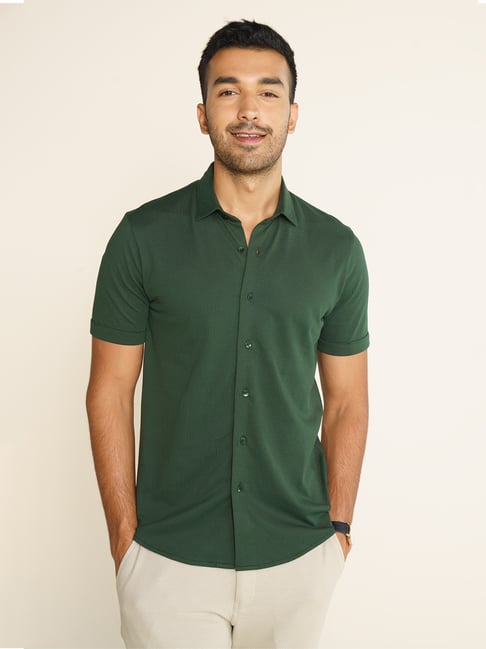 Damensch Cotton Mountain Green Regular Fit Solid Shirt