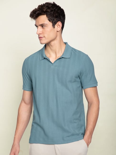 Damensch Cotton Shady Teal Regular Fit Striped Polo T-Shirt