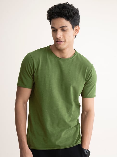 Damensch Cotton Olive Green Regular Fit Solid T-Shirt