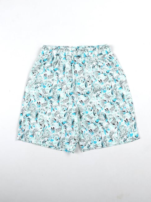 Kiddopanti Boys White and Blue Cotton Printed Regular Fit Shorts