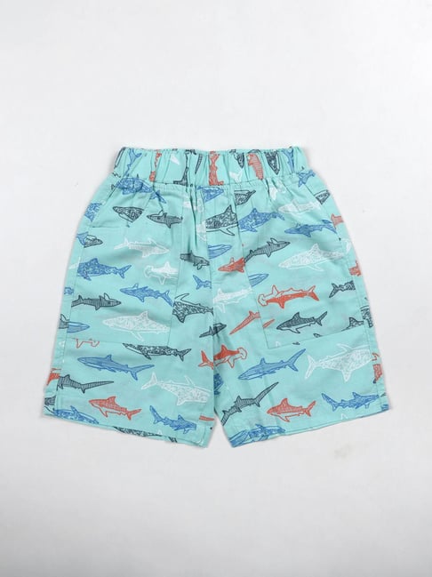 Kiddopanti Boys Aqua Blue Cotton Printed Regular Fit Shorts
