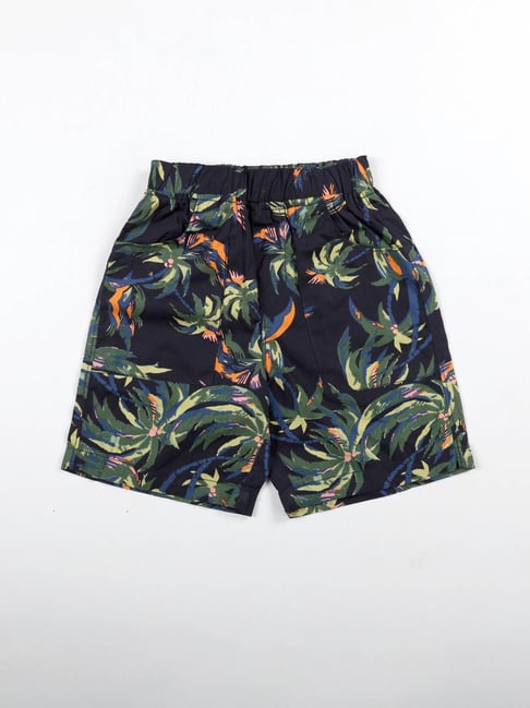 Kiddopanti Boys Navy and Green Cotton Printed Regular Fit Shorts