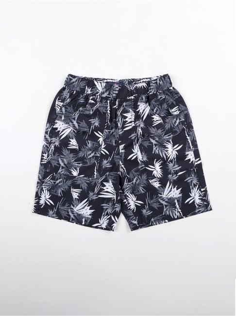 Kiddopanti Boys Navy and White Cotton Printed Regular Fit Shorts