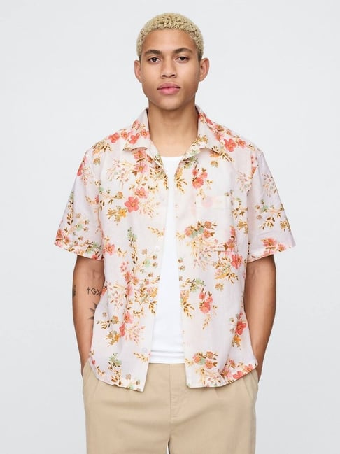GAP White Relaxed Floral Camp Collar Camp Shirt