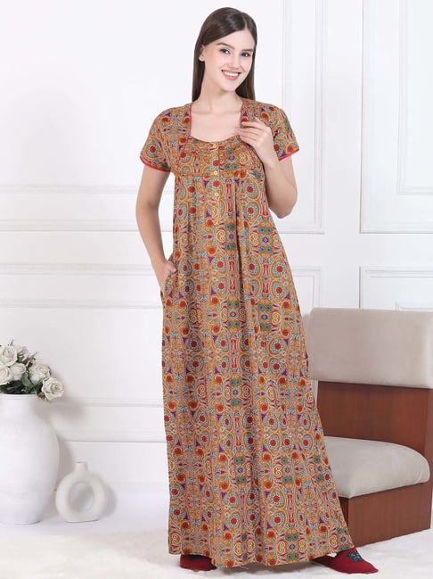 Sweet Dreams Rust Cotton Regular Fit Printed Nighty