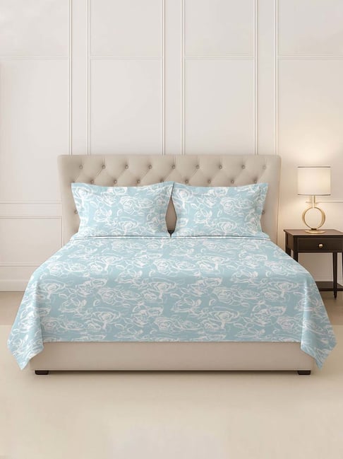 Pizuna Blue Cotton 400 TC Printed Super King Flat Bedsheet with 2 Pillow Covers