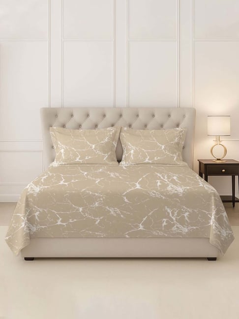 Pizuna Marble Taupe Cotton 400 TC Printed Super King Flat Bedsheet with 2 Pillow Covers