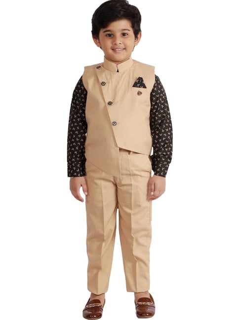 Fourfolds Boys Beige Printed Regular Fit Suit Set