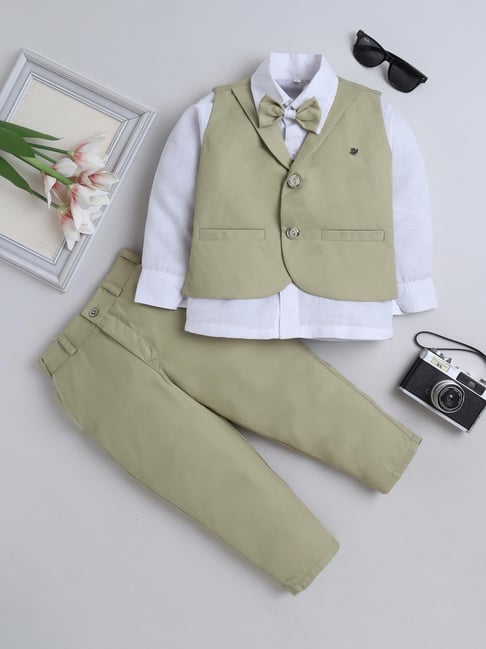 Fourfolds Boys Green Regular Fit Suit Set
