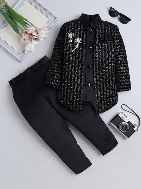 Fourfolds Boys Black Embellished Regular Fit Indowestern Set