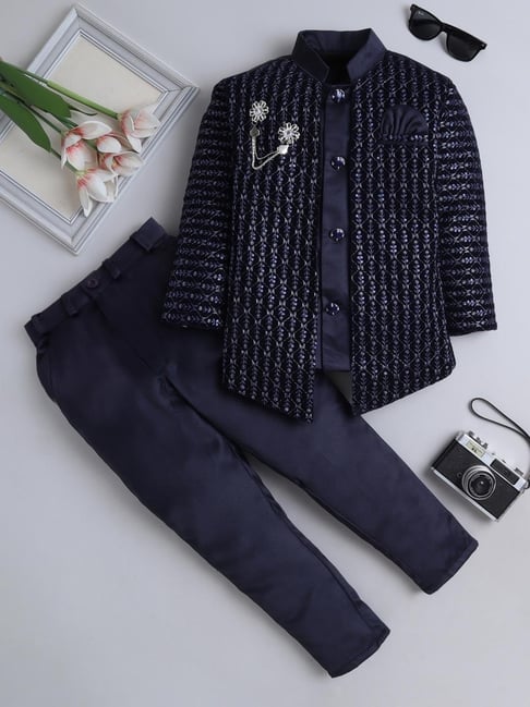 Fourfolds Boys Navy Blue Embellished Regular Fit Indowestern Set