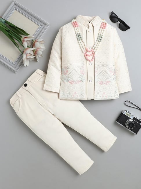 Fourfolds Boys Cream Embroidered Regular Fit Indowestern Set