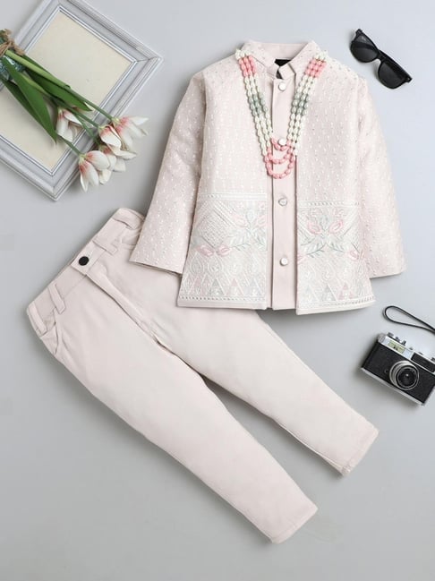 Fourfolds Boys Beige Embroidered Regular Fit Indowestern Set