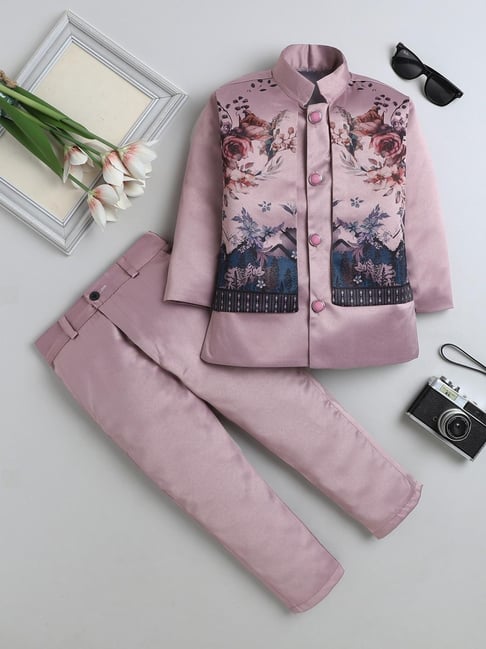 Fourfolds Boys Mauve Printed Regular Fit Indowestern Set