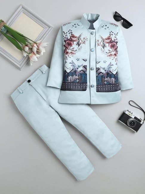 Fourfolds Boys Light Blue Printed Regular Fit Indowestern Set