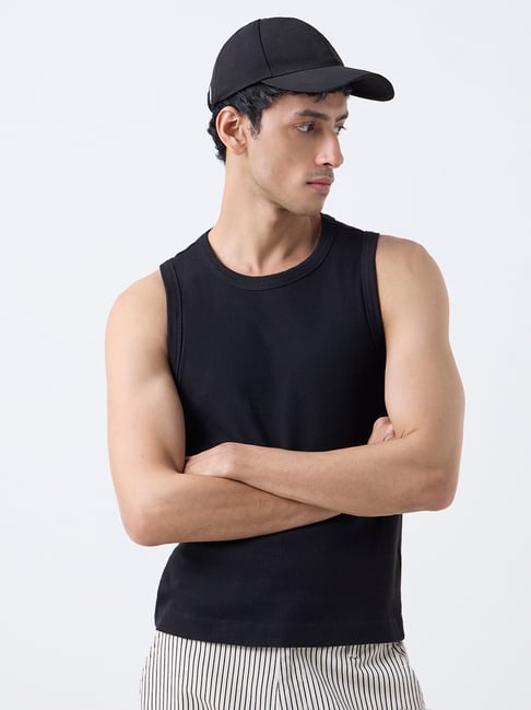 Nuon by Westside Black Ribbed Slim-Fit Cotton-Blend T-Shirt
