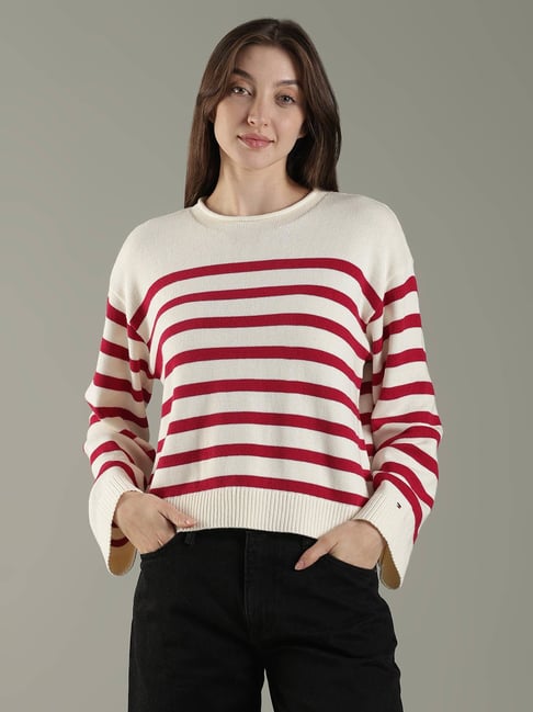 Tommy Hilfiger White Cotton Relaxed Fit Striped Sweater
