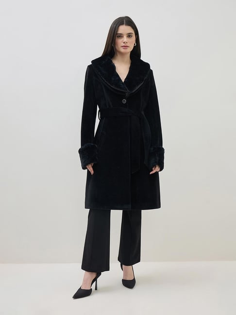 ICONIC Women Black Notch Lapel Detachable Fur Overcoat