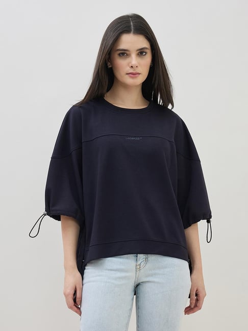 ICONIC Women Navy Blue Round Neck Boxy Fit T-Shirt