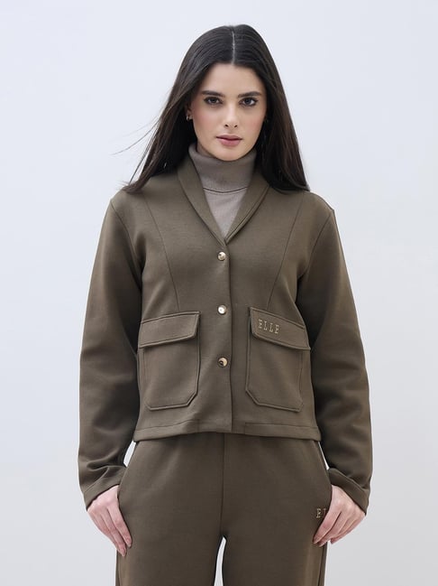 ELLE Women Green Notch Lapel Regular Fit Sweatshirt