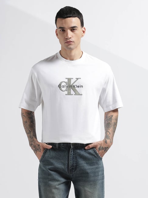 Calvin Klein Jeans White Cotton Relaxed Fit Embroidered T-Shirt-picture-15
