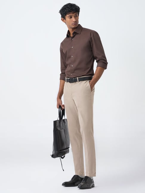 WES Formals by Westside Dark Brown Solid Ultra-Slim Fit Cotton Shirt