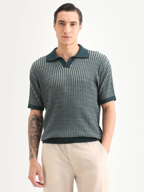 Rare Rabbit Teal Cotton Regular Fit Woven Design Polo T-Shirt-picture-30
