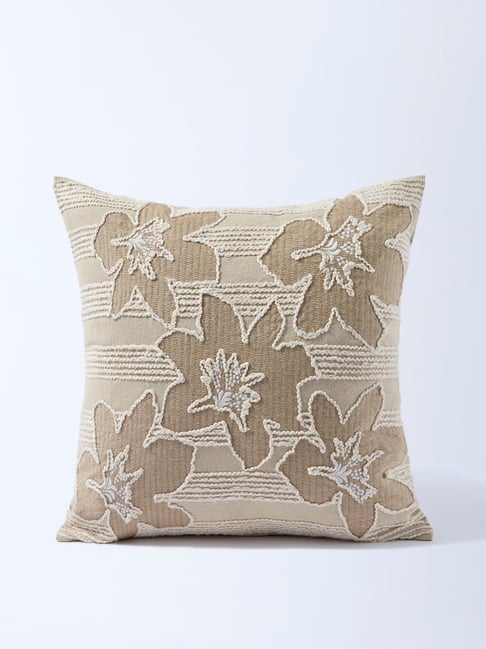 Westside Home Beige Floral Embroidered Cushion Cover