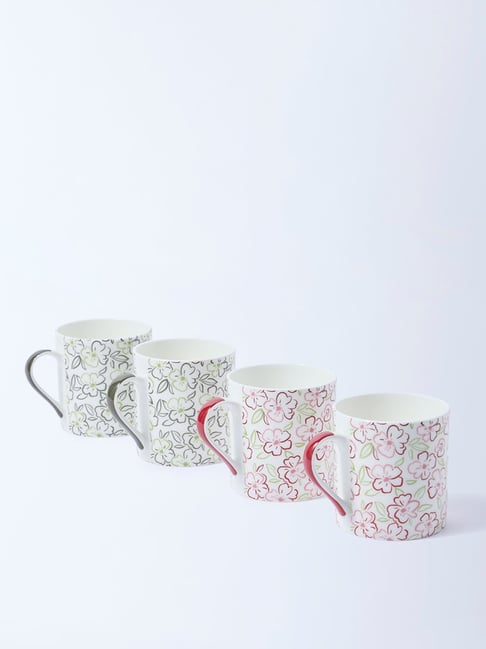 Westside Home Multicolour Floral Printed Mugs (Set of 4)