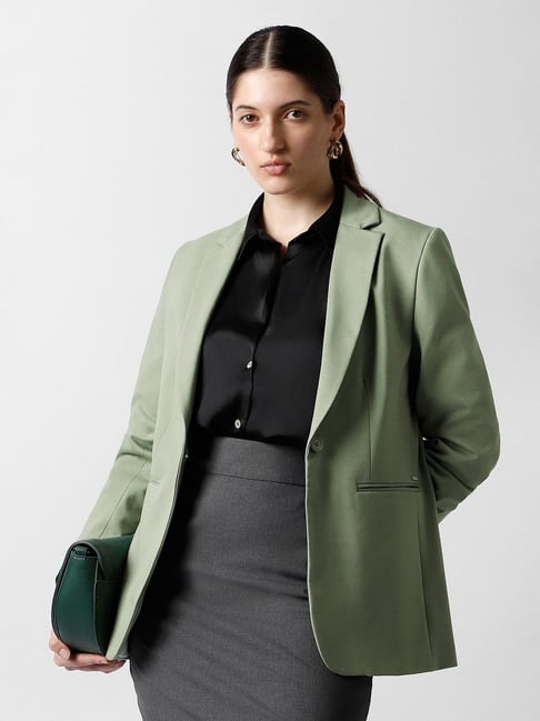 Van Heusen Green Solid Long Sleeves Blazer