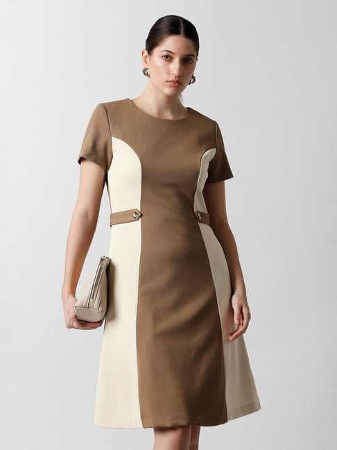 Van Heusen Brown Solid Short Sleeves Dress