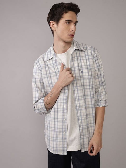 American Eagle White Relaxed Fit Checked Shirt