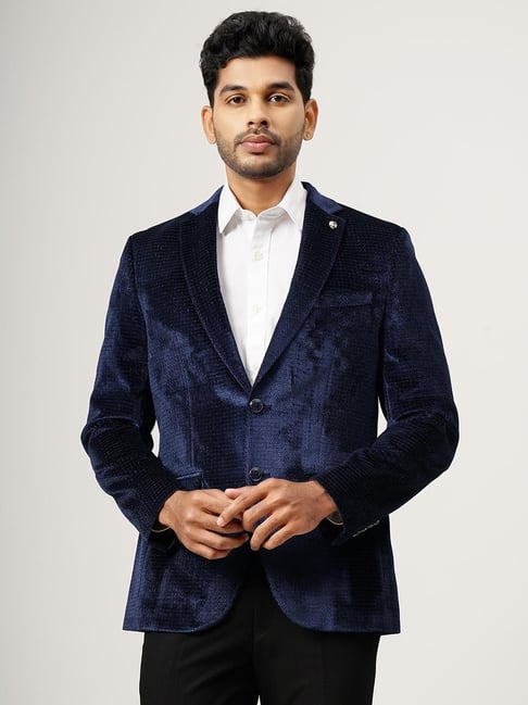 JB Studio Navy Blue Polyester Textured Regular Fit Long Sleeves Blazer