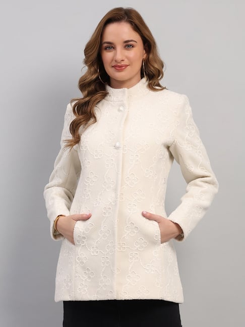 Monte Carlo Off White Wool Embroidered Regular Fit Coat