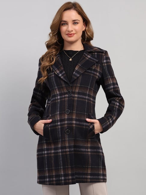 Monte Carlo Navy Blue Wool Checked Regular Fit Coat