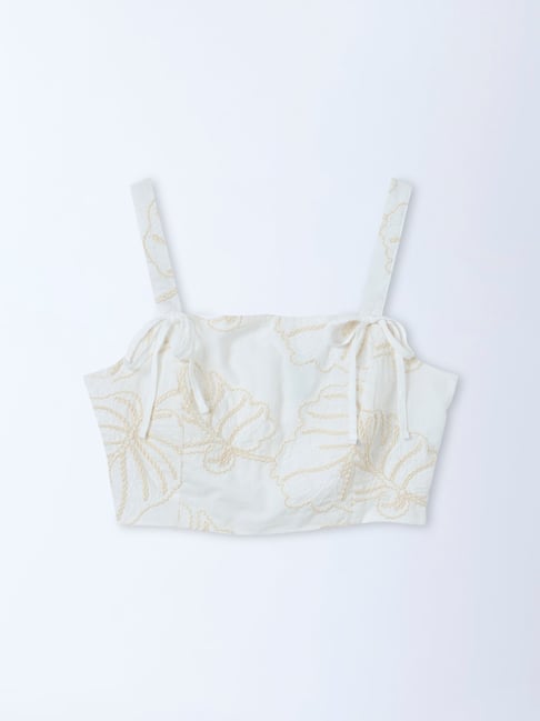 LOV by Westside White Floral Embroidered Strappy Cotton Crop Top