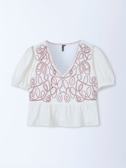 LOV by Westside White Embroidered Cotton Peplum Top