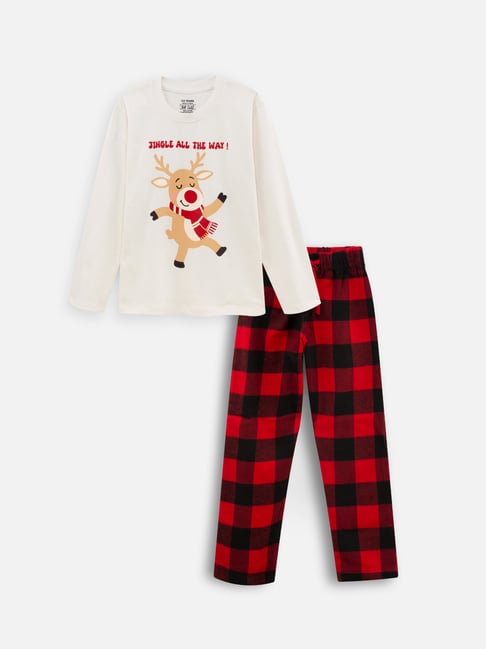 Nap Chief Kids Off White Printed Relaxed Fit Pajama Set