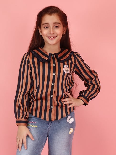Cutecumber Navy & Brown Striped Long Sleeves Shirt