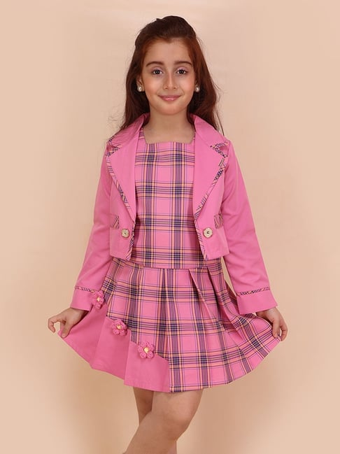 Cutecumber Pink Checks Long Sleeves Mini Dress with Jacket