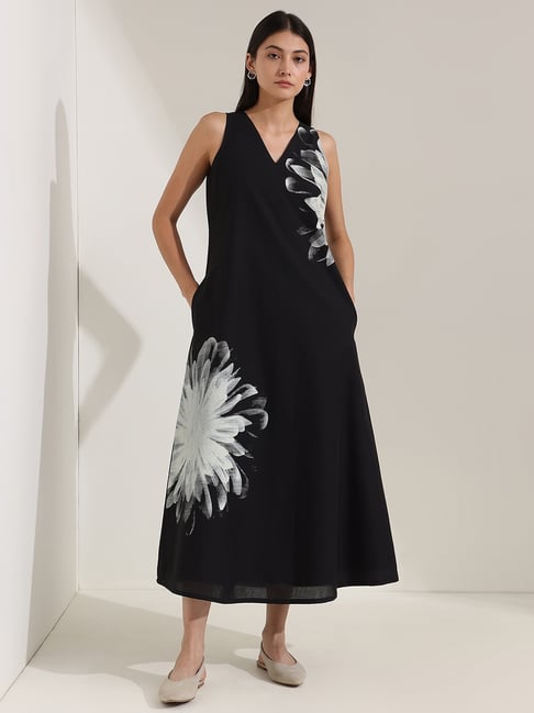Pink Fort Black Floral A-Line Fit Sleeveless Dress