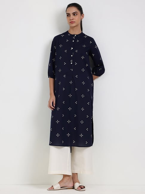 Pink Fort Navy Printed Straight Fit Three-Quarter Sleeves Kurta-picture-40