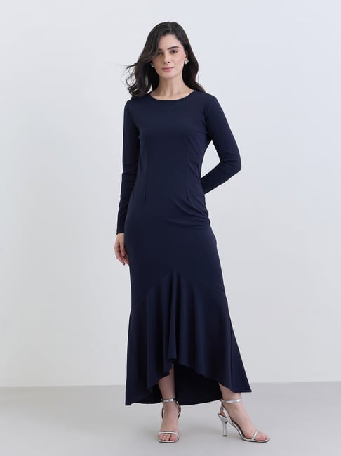Styli Navy Blue Regular Fit Solid Long Sleeves Dress-image-47