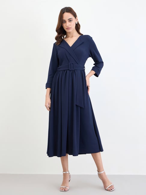 Styli Navy Blue Regular Fit Solid Three-Quarter Sleeves Dress-image-46