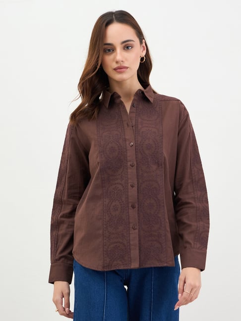 Styli Brown Oversized Embroidered Long Sleeves Shirt