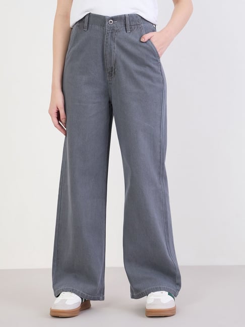 Styli Grey Regular Fit Solid High Rise Jeans