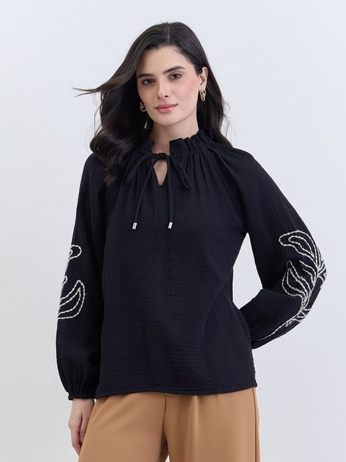 Styli Black Regular Fit Embroidered Long Sleeves Tops