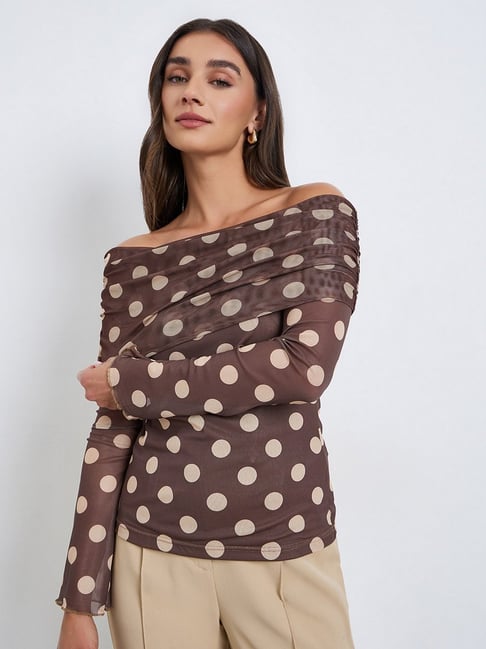 Styli Brown Regular Fit Printed Long Sleeves Tops